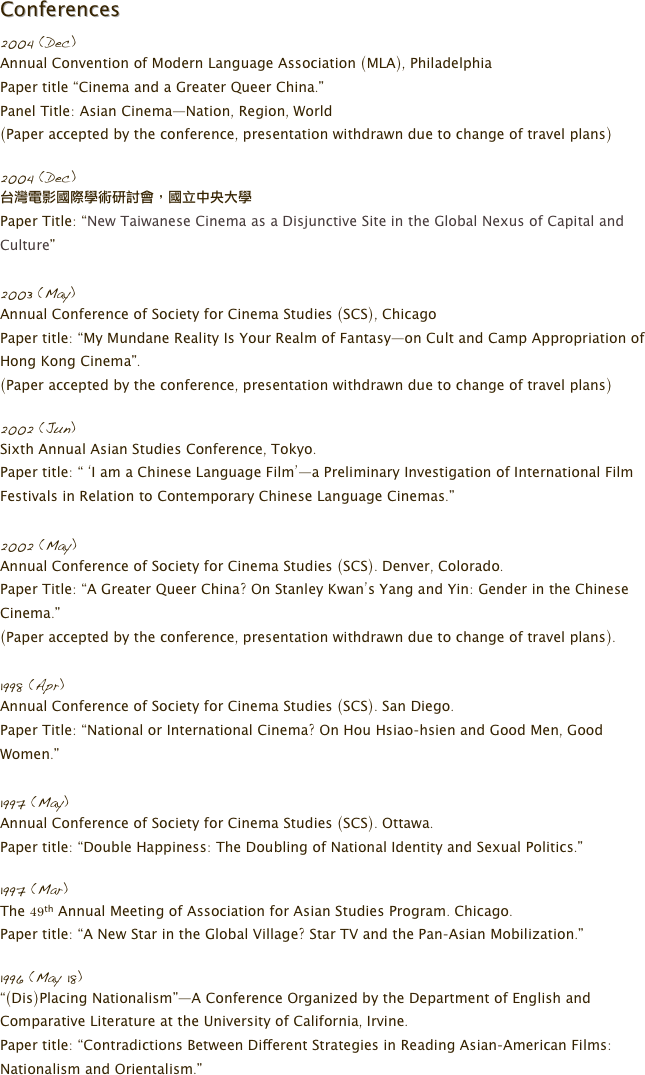 Conferences
2004 (Dec)
Annual Convention of Modern Language Association (MLA), Philadelphia
Paper title “Cinema and a Greater Queer China.” 
Panel Title: Asian Cinema—Nation, Region, World
(Paper accepted by the conference, presentation withdrawn due to change of travel plans)

2004 (Dec)
台灣電影國際學術研討會，國立中央大學
Paper Title: “New Taiwanese Cinema as a Disjunctive Site in the Global Nexus of Capital and Culture”

2003 (May)
Annual Conference of Society for Cinema Studies (SCS), Chicago
Paper title: “My Mundane Reality Is Your Realm of Fantasy—on Cult and Camp Appropriation of Hong Kong Cinema”.
(Paper accepted by the conference, presentation withdrawn due to change of travel plans)

2002 (Jun)
Sixth Annual Asian Studies Conference, Tokyo.
Paper title: “ ‘I am a Chinese Language Film’—a Preliminary Investigation of International Film Festivals in Relation to Contemporary Chinese Language Cinemas.”

2002 (May)
Annual Conference of Society for Cinema Studies (SCS). Denver, Colorado.
Paper Title: “A Greater Queer China? On Stanley Kwan’s Yang and Yin: Gender in the Chinese Cinema.”
(Paper accepted by the conference, presentation withdrawn due to change of travel plans). 

1998 (Apr)
Annual Conference of Society for Cinema Studies (SCS). San Diego.
Paper Title: “National or International Cinema? On Hou Hsiao-hsien and Good Men, Good Women.”

1997 (May)
Annual Conference of Society for Cinema Studies (SCS). Ottawa. 
Paper title: “Double Happiness: The Doubling of National Identity and Sexual Politics.”

1997 (Mar)
The 49th Annual Meeting of Association for Asian Studies Program. Chicago.
Paper title: “A New Star in the Global Village? Star TV and the Pan-Asian Mobilization.”

1996 (May 18)
“(Dis)Placing Nationalism”—A Conference Organized by the Department of English and Comparative Literature at the University of California, Irvine.
Paper title: “Contradictions Between Different Strategies in Reading Asian-American Films: Nationalism and Orientalism.”