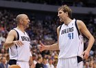 Matthew Emmons-US PRESSWIRE  Mar 6, 2012; Dallas, TX, USA; Dallas Mavericks forward Dirk Nowitzki (41) celebrates with guard Jason Kidd (2) in the fourth quarter against the New York Knicks at American Airlines Center. The Mavs beat the Knicks 95-85. Mandatory Credit: Matthew Emmons-US PRESSWIRE